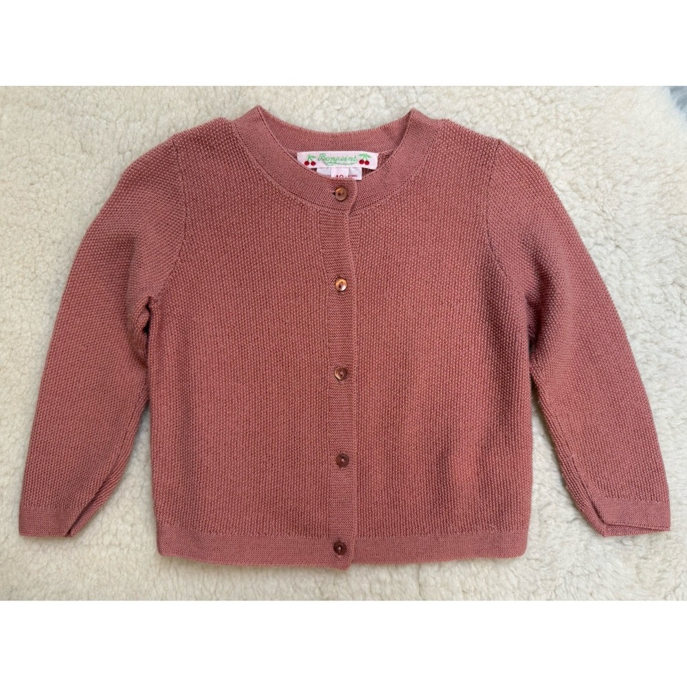 Bonpoint Cardigan 100% Wool 18M Pink Luxury Knit Baby Girl Sweater Cherry Logo
